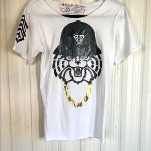 FINGERS de FREEDOM Graphic ORGANIC White T-Shirt Black Gold Design Relaxed S